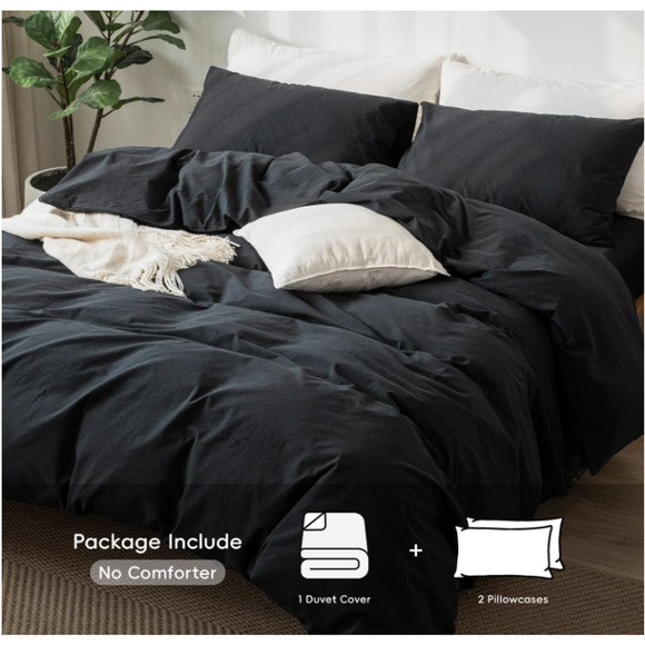 MooMee Bedding Duvet Cover Set 100% Washed Cotton Twill Linen Like Black Queen - Picture 2 of 7